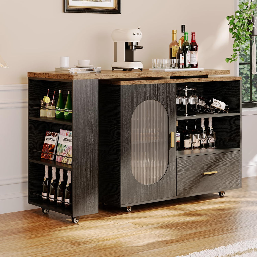HSH Rolling Kitchen Island with Seating & Storage with Wheels, Rustic Brown | 72” Large kitchen island, 360° swivel & extendable table, movable island Cart with cabinet, drawer and shelves for Kitchen