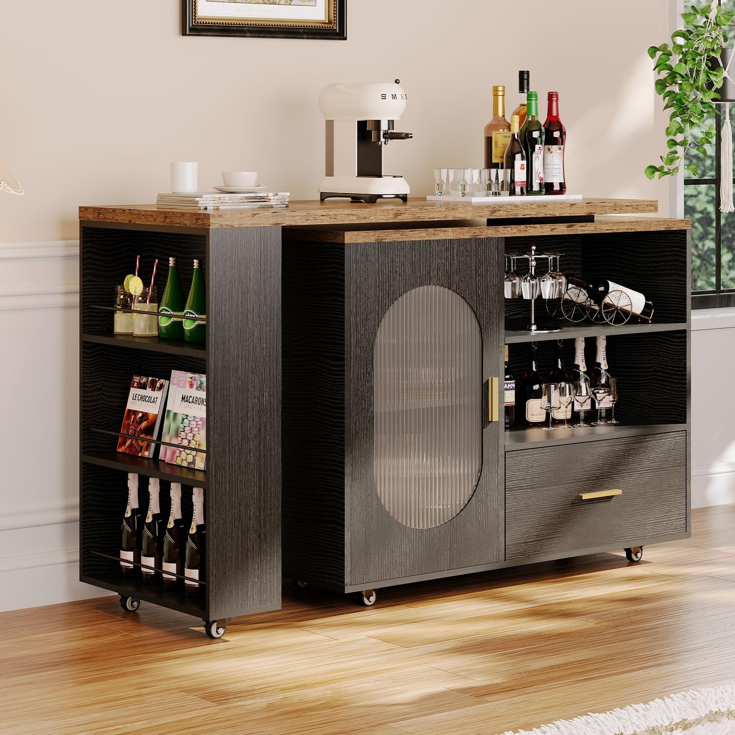 HSH Rolling Kitchen Island with Seating & Storage with Wheels, Rustic Brown | 72” Large kitchen island, 360° swivel & extendable table, movable island Cart with cabinet, drawer and shelves for Kitchen