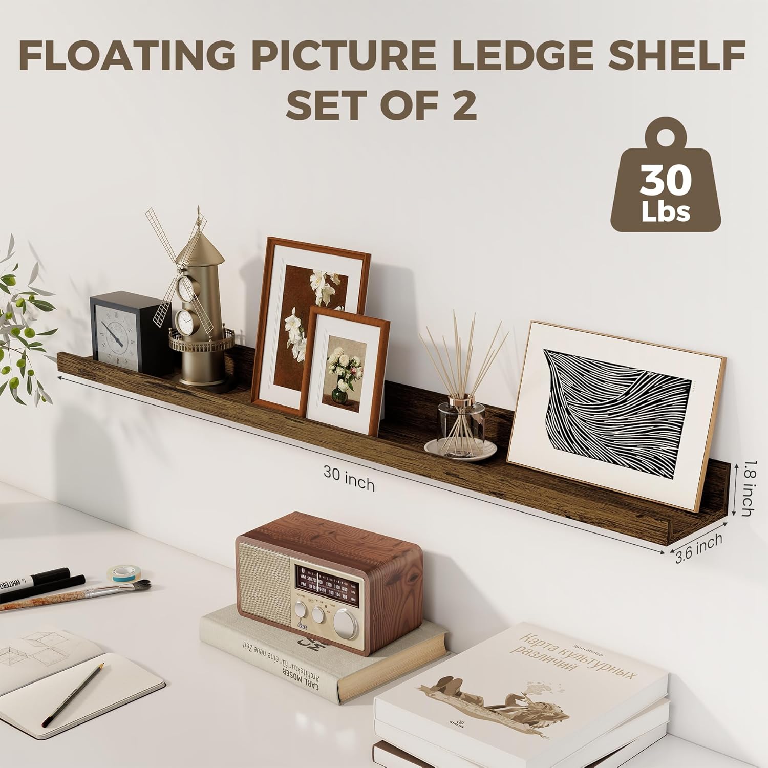 Axeman 30 Inch Floating Shelves for Wall | Picture Ledge Shelf Set of 2 | Rustic Picture Shelf for Wall with Ledge | Floating Shelves with Lip | Photo Ledge Shelves for Books Album Records