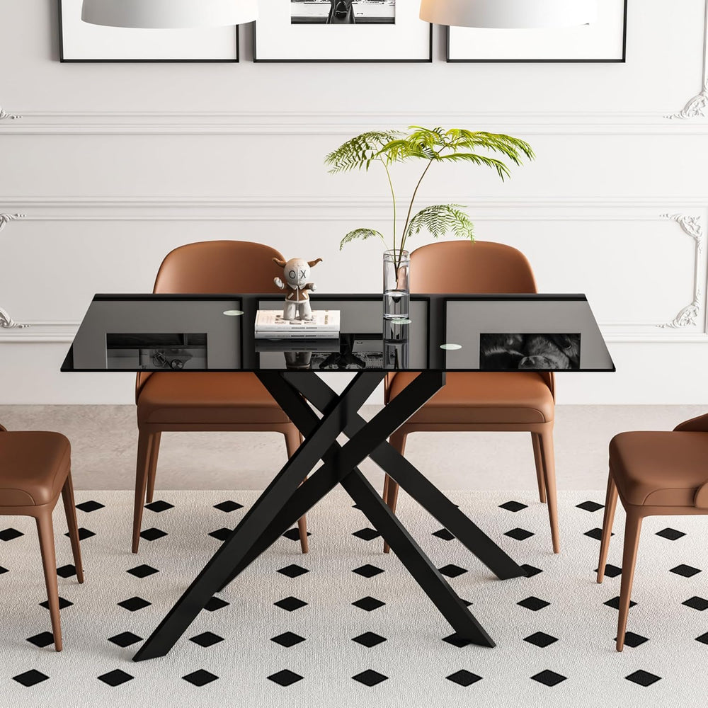 51.2" Glass Dining Table for 2-4 People, Modern Kitchen Table with Black...