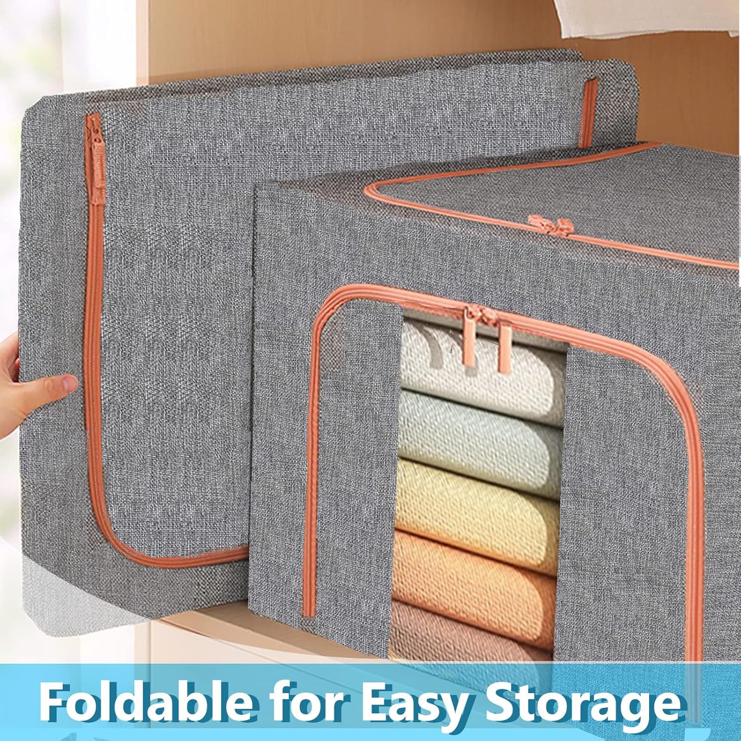 Extra Large Clothes Storage Bins with Metal Frame, Foldable Organizer for Home Organization, 2-Way Zipper, Clear Window Storage Bags for Clothes, Bedding, Seasonal Storage, 100L x 3Pack