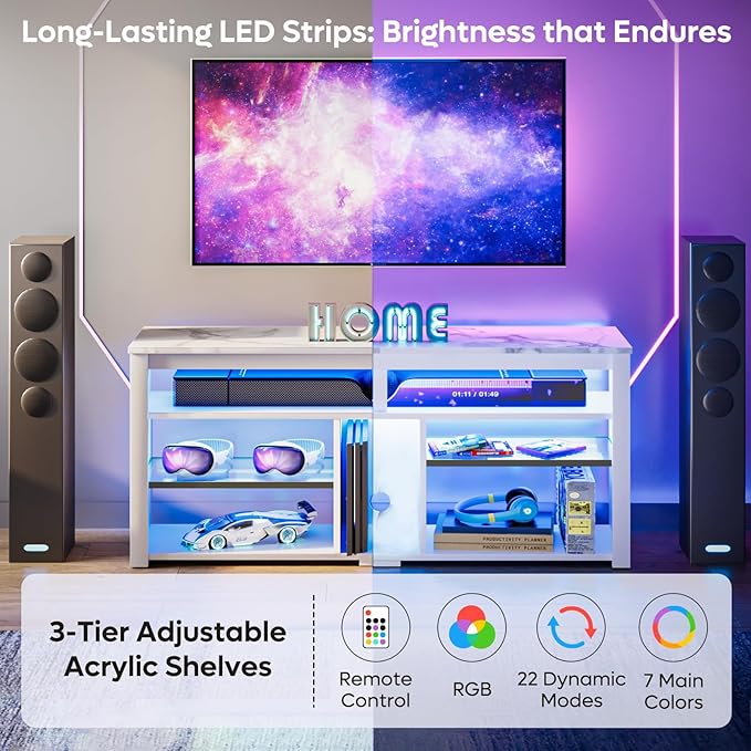 Bestier LED Tall Entertainment Center for PS4, 55 inch TV Stand for 55/60/65 inch TV, TV Console with Storage, Media TV Cabinet with Adjustable Shelf for Living Room, White Marble