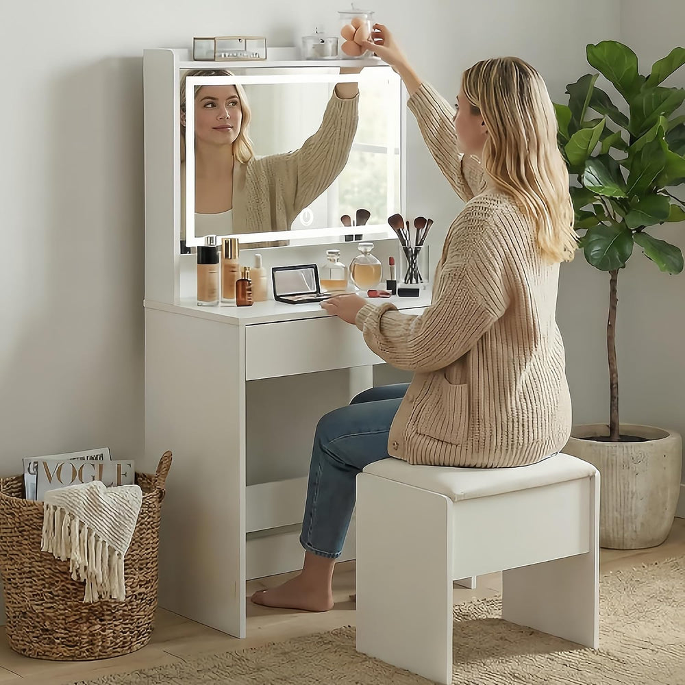 Small Vanity Desk with Lighted Mirror & Charging Station, 24" White ...