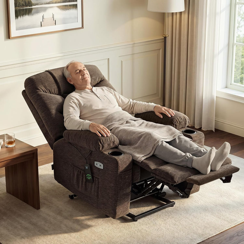 MCombo Power Lift Recliner Chair for Elderly, Fabric 7283 (Brown, Large) | Extra Extended Footrest, Cup Holders, USB Ports, Soft & Comfortable Fabric
