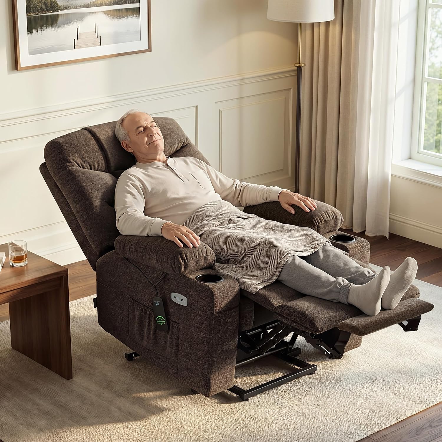 MCombo Power Lift Recliner Chair for Elderly, Fabric 7283 (Brown, Large) | Extra Extended Footrest, Cup Holders, USB Ports, Soft & Comfortable Fabric