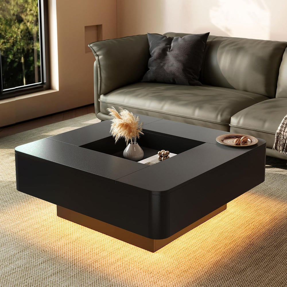 Square Coffee Table, 35.4" Modern Coffee Table with RGB LED Lights (Black)