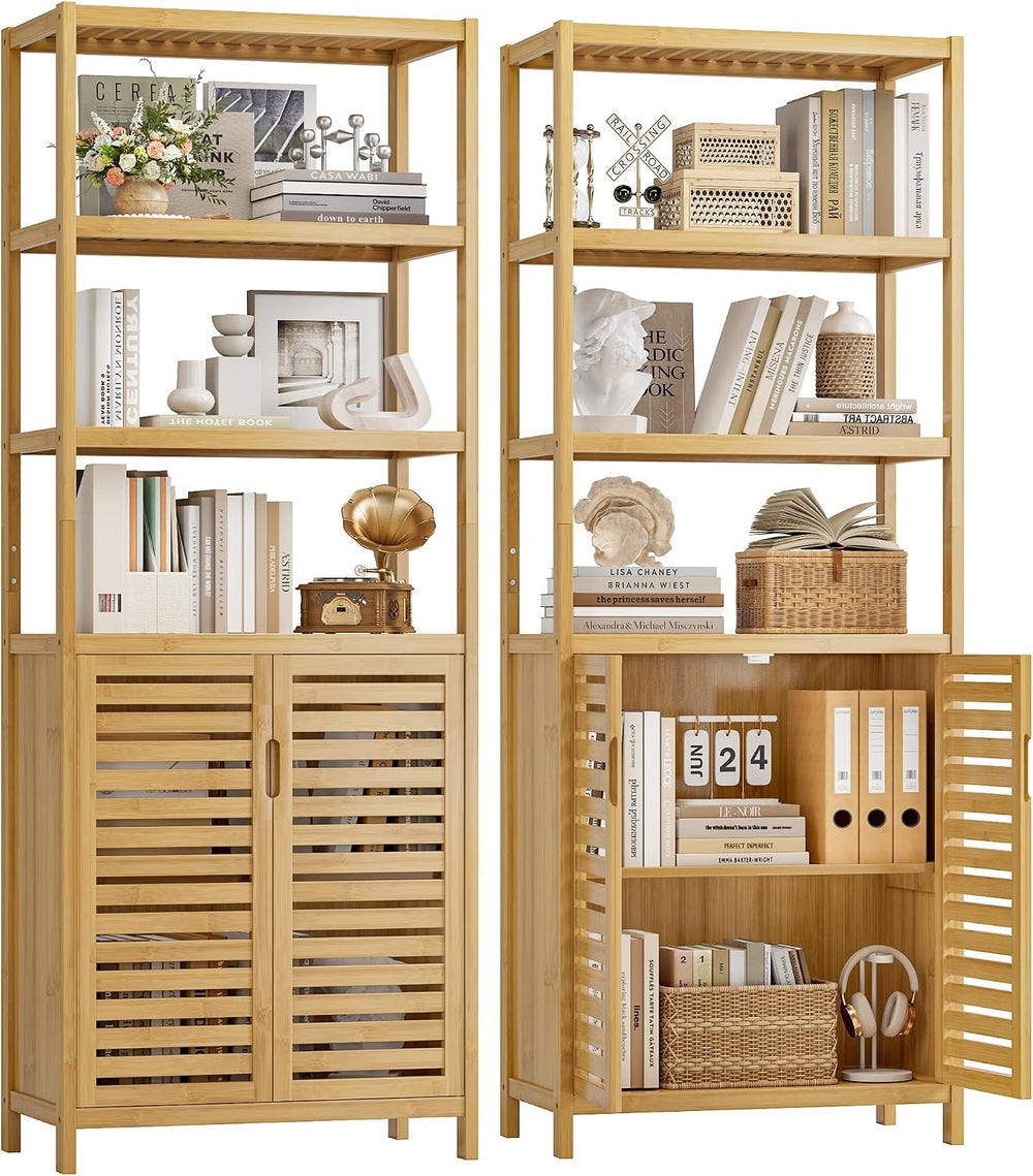 HIFIT 6-Tier Bamboo Book Shelves with 2 Door, Tall Bathroom Storage Cabinet