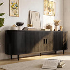 65" Mid Century Modern TV Stand, Wood TV Consoles with Sliding Doors and Power Outlet, Fluted Entertainment Center with Adjustable Shelves, Media Console for Living Room, Black