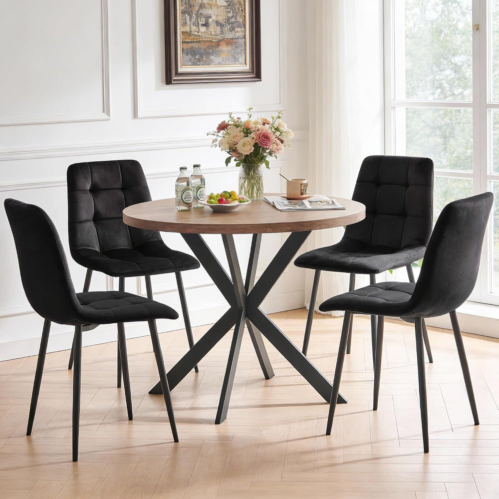 5-Piece Round Dining Table Set - Kitchen Table Chairs Set of 4 with Black Vel...
