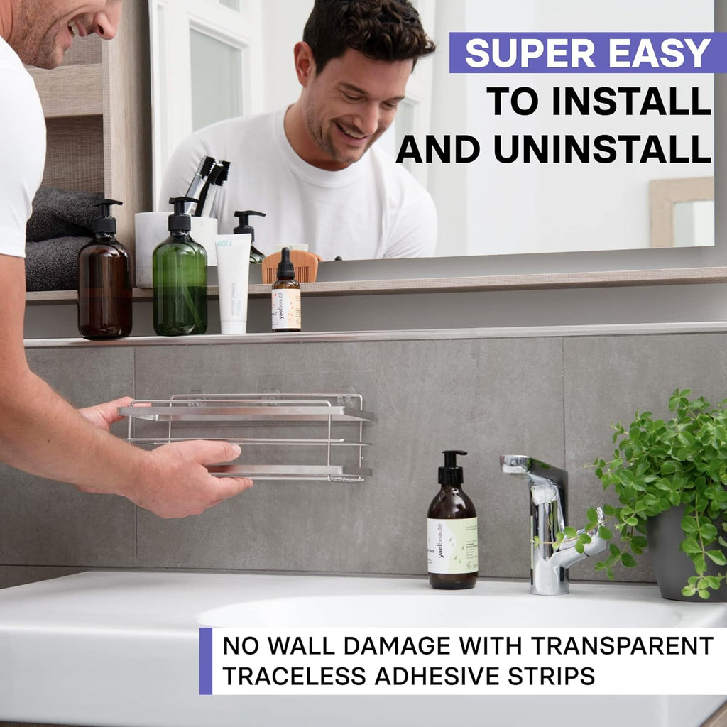 KINCMAX Shower Shelves 2-Pack - Self Adhesive Caddy with 4 Hooks - No Drill Large Capacity Stainless Steel Wall Shelf - Aesthetic Organizer for Inside Bathroom - Polished Silver