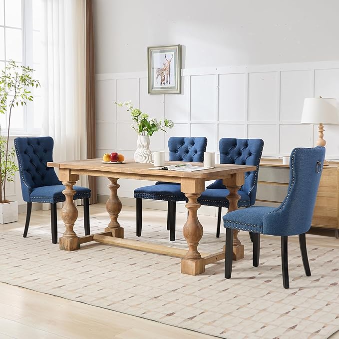 Modern Dining Chairs Set of 8, Tufted Upholstered Dining Chairs with Solid Wood Legs, Blue Linen Fabric Kitchen Chair, Sillas de Comedor, Comfy Kitchen Chair (Blue, Linen, 8Pcs)