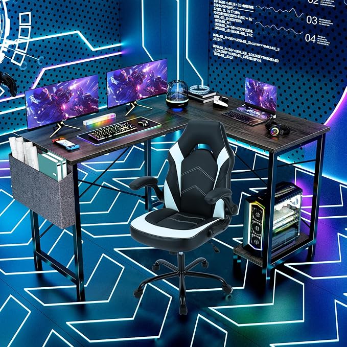 Sweetcrispy L Shaped Desk Gaming Computer 50 Inch Reversible Corner PC Work Table for Writing Study Student with Wood Tabletop Metal Frame CPU Stand Side Bag for Home Office Small Space, Grey
