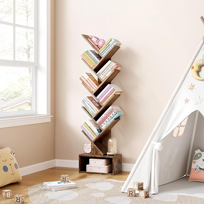 Hoctieon 9 Tier Tree Bookshelf, Tall Bookcase with Drawer, Wood Book Shelf, M...
