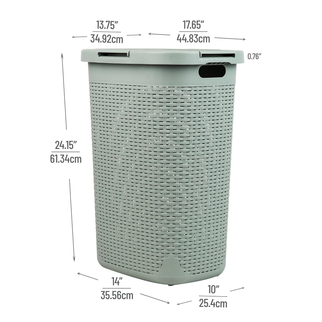 Mind Reader Slim Laundry Hamper with Lid, 60L Clothes Basket, Premium Wicker Design, Plastic, Mint