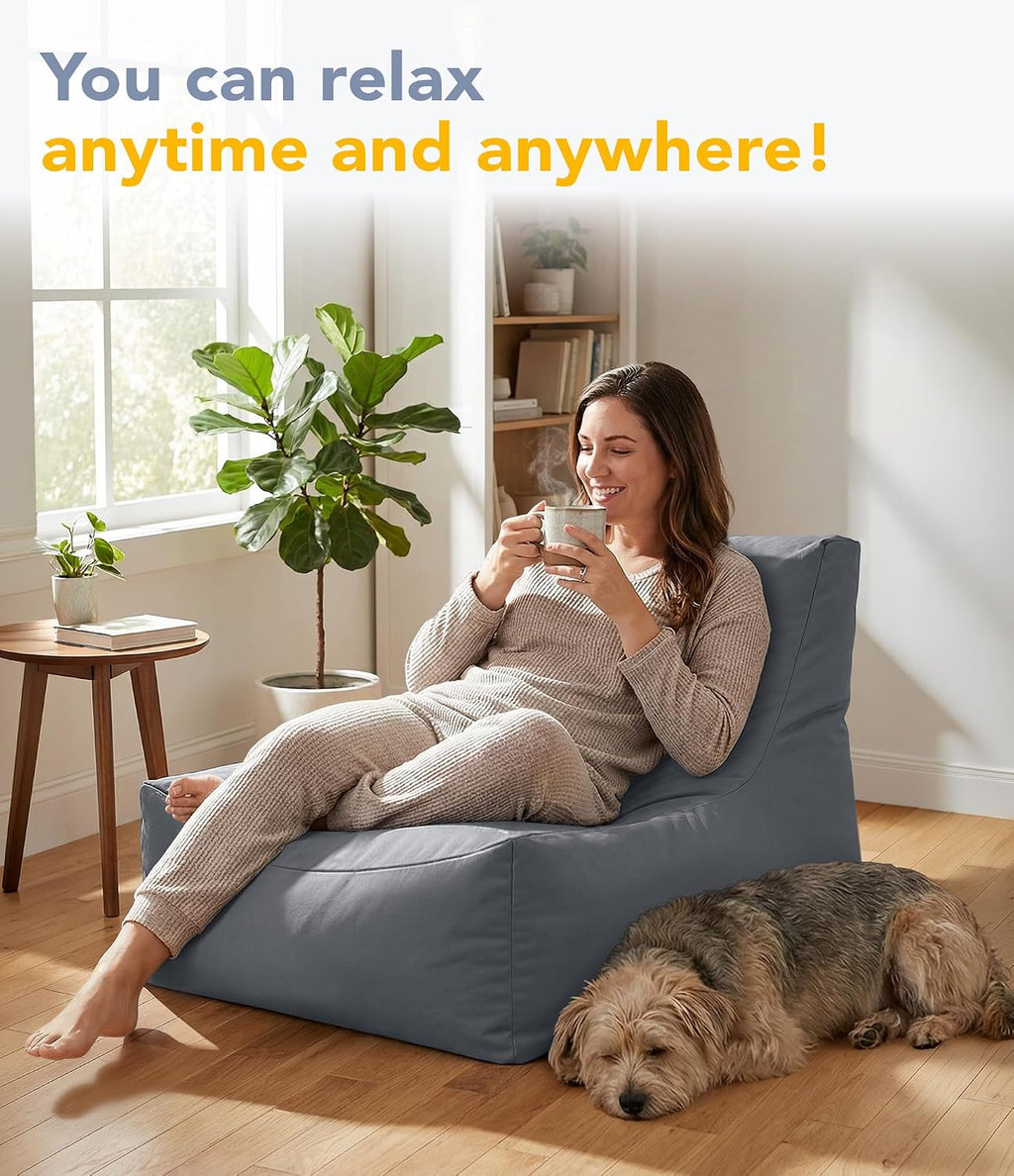 Outdoor Bean Bag Chair Lounger with Shredded Foam Filling, Gray | For Patio Poolside Relaxing, Splash-Proof Detachable Zipper Cover, Small Beanbag Floor Sofa