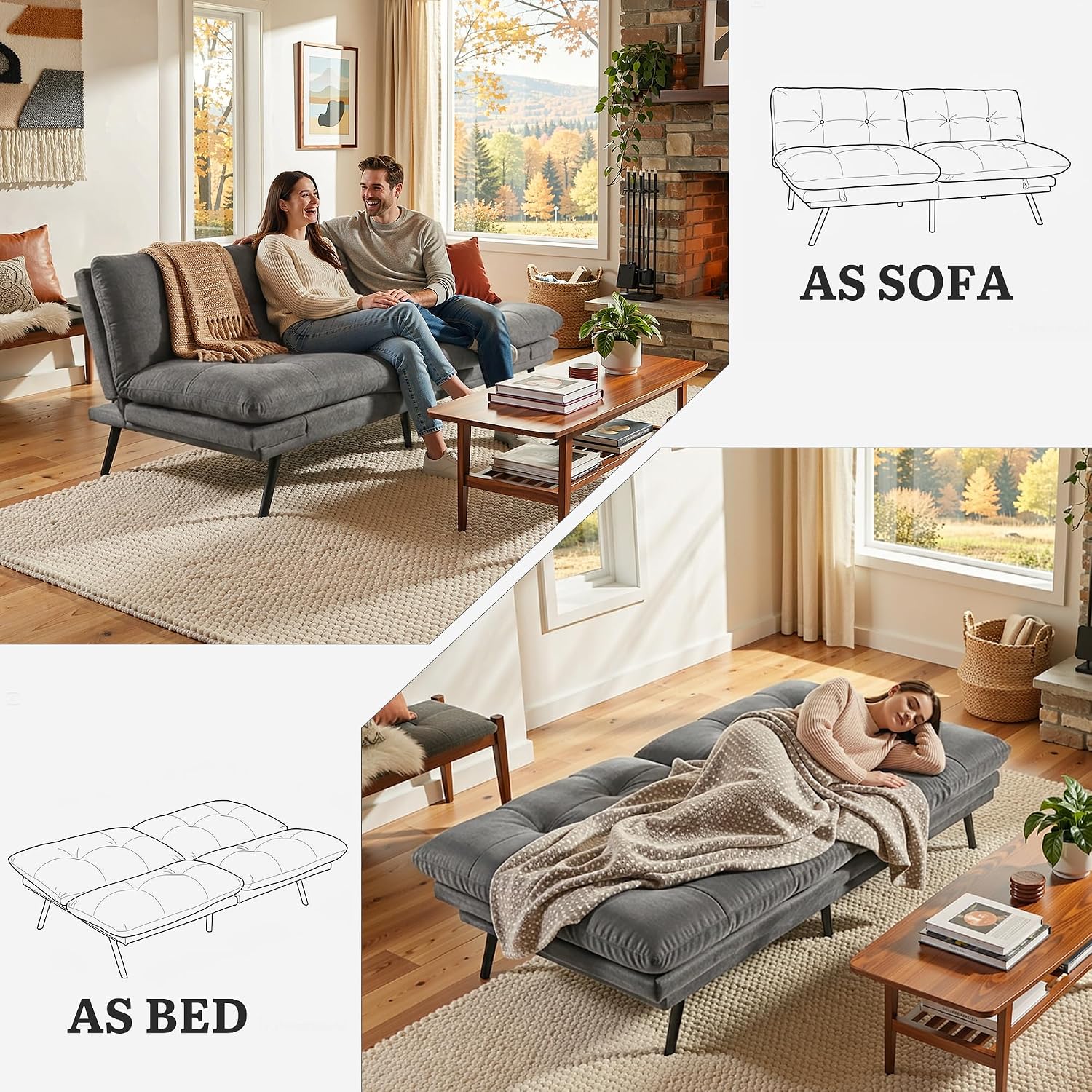 YITAHOME Convertible Futon Sofa Bed,70" Folding Futon Couch w/Led Lights | Modern Memory Foam Loveseat Sleeper Recliner w/ Adjustable Backrest& Armrests,for Living Room Home Office Aprtment,Grey