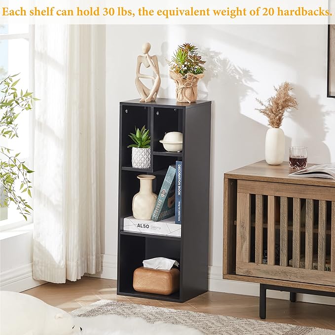 VECELO 3-Tier Small Bookcase, 4 Cube Bookshelf with Height Difference Shelves for Most Books, Modern Floor Standing Unit, Each Shelf Hold Up to 66 LBS for Living Room Bedroom, Vintage Black
