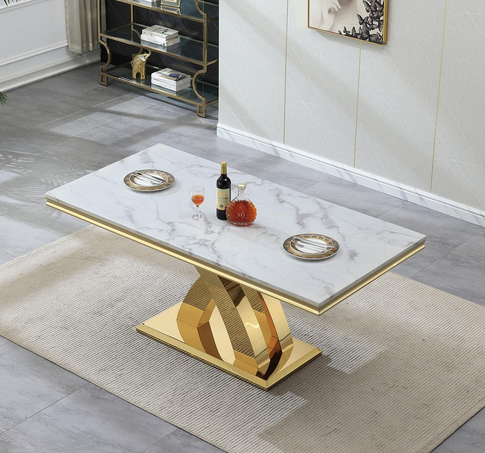 Modern Marble Dining Table for 6-8, 68" Faux Marble Kitchen Table with G...