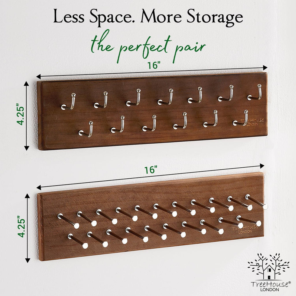 TreeHouse London Tie Rack Organizer – Holds 40 Large Ties – Solid Wood & Sturdy Metal Storage Holder for Closet – Wall Mounted Tie Display Hanger for Wall, Bedroom - (Walnut Tie Rack) 16" L X 4.25" H