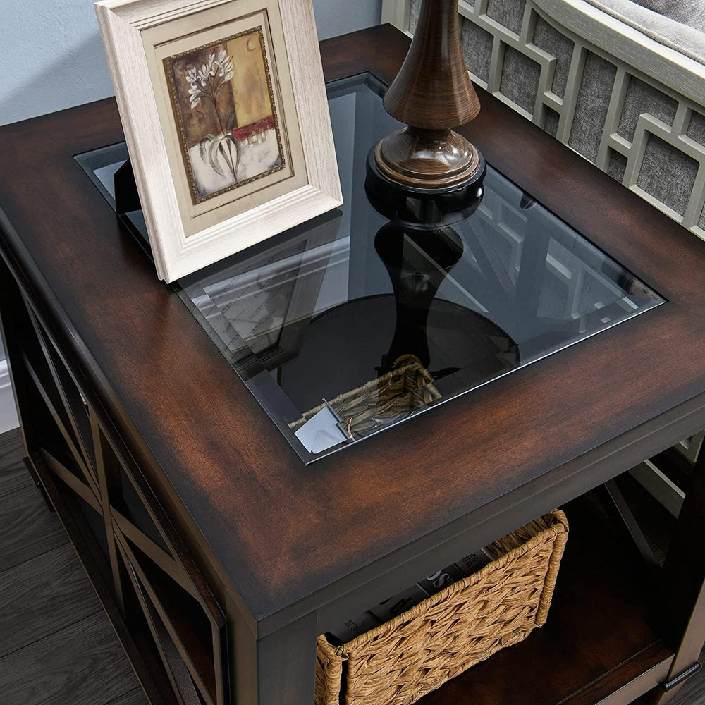 Set of 2 Solid Wood End Tables with Tempered Glass Top, 28" x 24" L...
