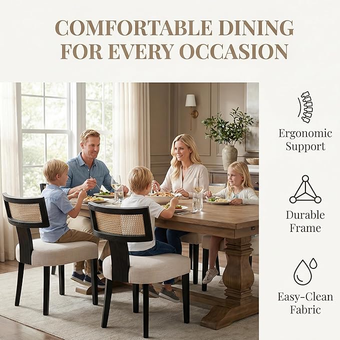 HNY Mid Century Modern Rattan Dining Chairs Set of 4, Farmhouse Linen Upholstered Accent Chair Curved Backrest Kitchen Chairs, with Black Hardwood Frame, Beige
