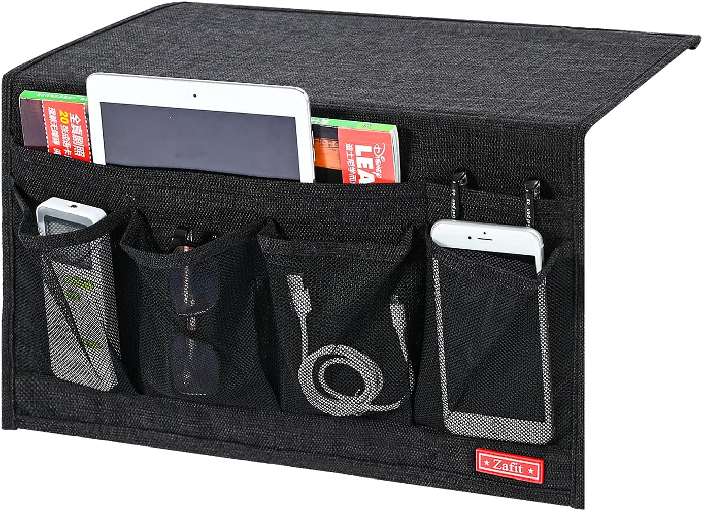Linen 6 Pockets Bedside Caddy, Bedside Storage Organizer for Magazine, Remotes, Phone (Black)