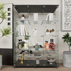 Beauty4U Glass Display Cabinet with Mirror Back Panel, 12 Shelves with 3 Columns, 2 Doors Curio Cabinets for Living Room, Bedroom, Office, Black Floor Standing Glass Bookshelf, Quick Installation