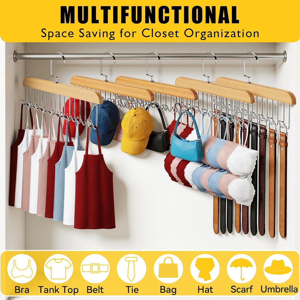 Bra Hangers for Closet Organizer with 16 Metal Hooks Belt Hanger for Closets Space Saving Multi Hook Hanger Non-Slip Tank Top Hanger 360°Rotating Display Belt Organizer for Tie, Hat, Bra Wooden 3 Pack