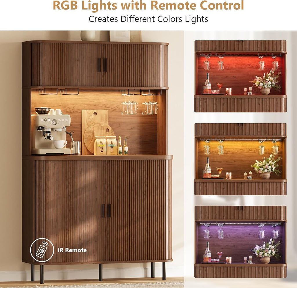 ONBRILL 71" Tall Wine Bar Cabinet with Storage (Walnut) | Fluted Liquor Cabinet, Modern Coffee Bar Cabinet, Large Home Bar, with LED Lights, Power Outlet, for Living Room, Kitchen