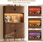 ONBRILL 71" Tall Wine Bar Cabinet with Storage (Walnut) | Fluted Liquor Cabinet, Modern Coffee Bar Cabinet, Large Home Bar, with LED Lights, Power Outlet, for Living Room, Kitchen