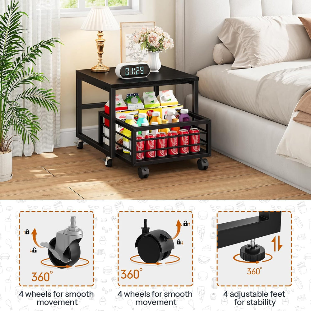 HOOBRO End Table, Mini Fridge Stand with Storage, Mini Fridge Table with Whee...