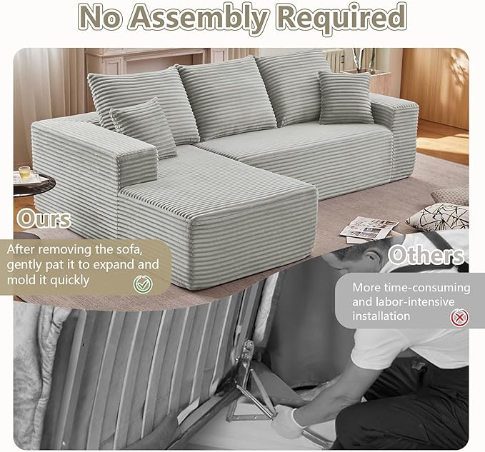 107" Cloud Sectional Couch with L-Shape Chaise, Modern Modular Comfy Sofa with Deep Seat, Upholstered Corduroy Couches Sleeper Chaise Longue for Living Room Bedroom, No Assembly Required, Grey