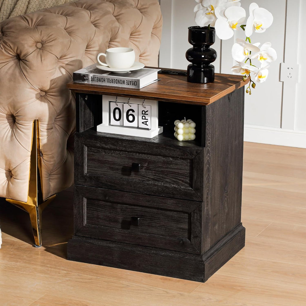 Night Stand with Charging Station, Bedside Table with 2 Drawers Storage and Open Shelf, Espresso Nightstand Set of 4 with Outlets, Wood Modern End Table for Bedroom Office