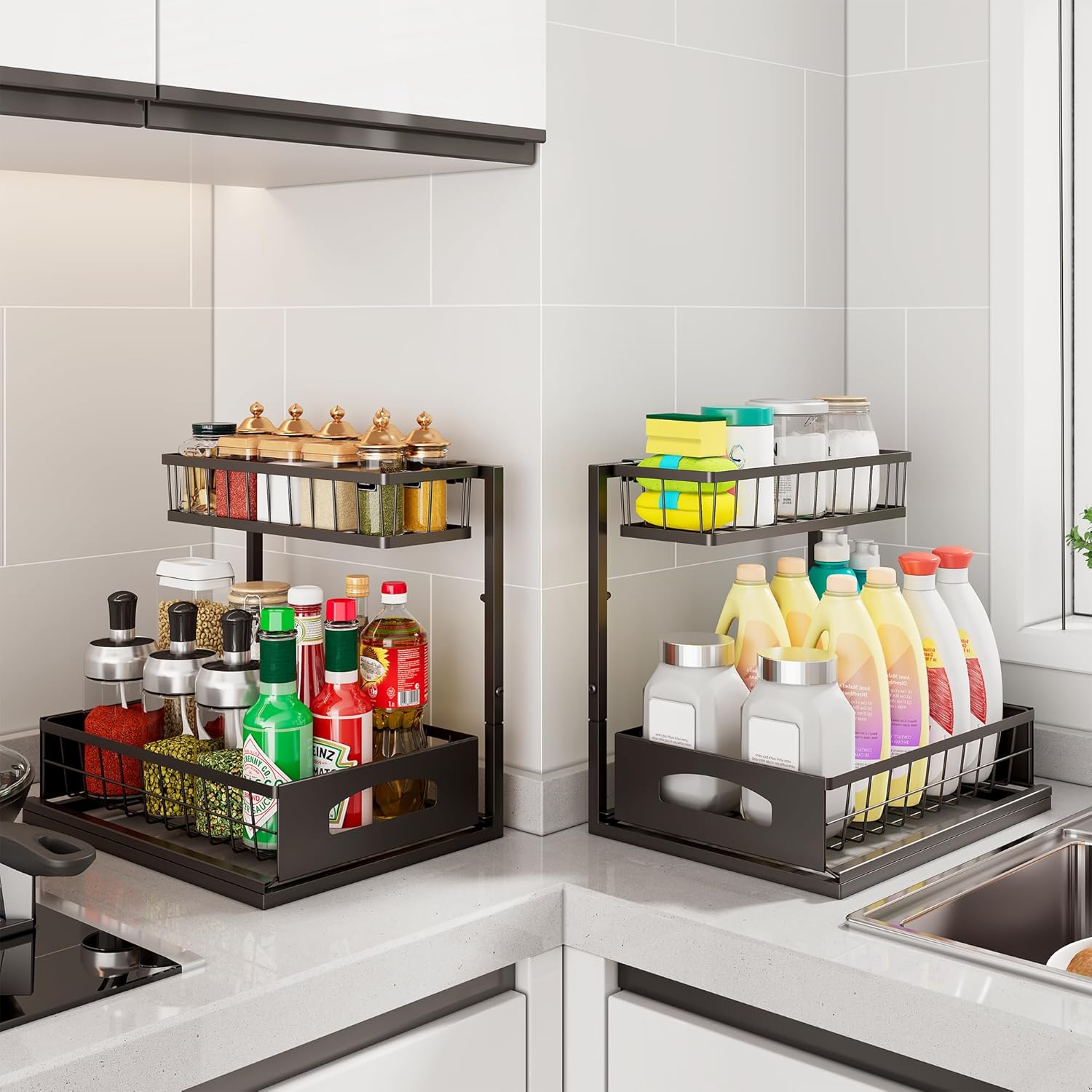 Under Sink Organizer and Storage, Height Adjustable Cabinet Organizer with Slide Out Drawer, Pull Out Under Sink Storage, Multi-Purpose 2 Tier Sink Shelves for Kitchen Bathroom Pantry (Black, 1 Pack)