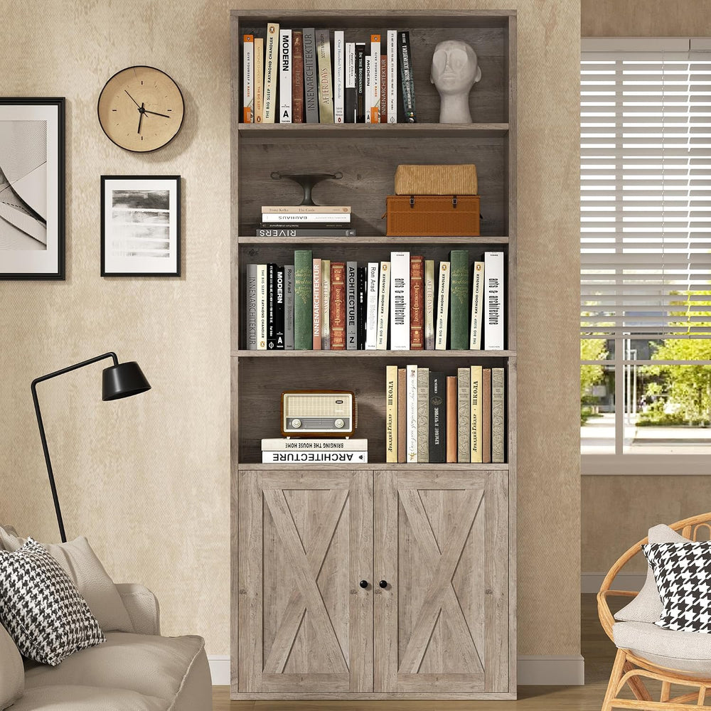 Modern Bookshelf with Doors, Industrial Bookshelves with 6-Tier Shelf, 71 inc...