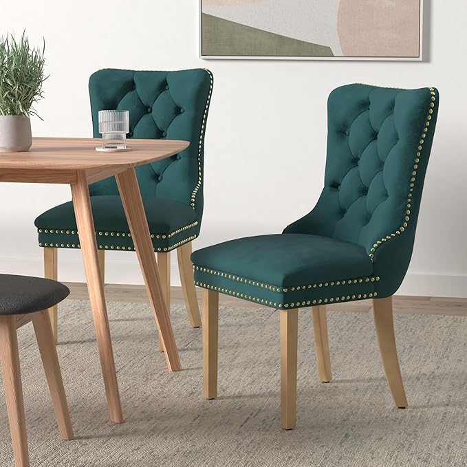 Velvet Dining Room Chairs Set of 4, Upholstered Dining Chairs with Back Ring Pull Trim and Golden Stainless Steel Legs,Modern Dining Chair Perfect for Dining Room,Living Room,Kitchen(Green)