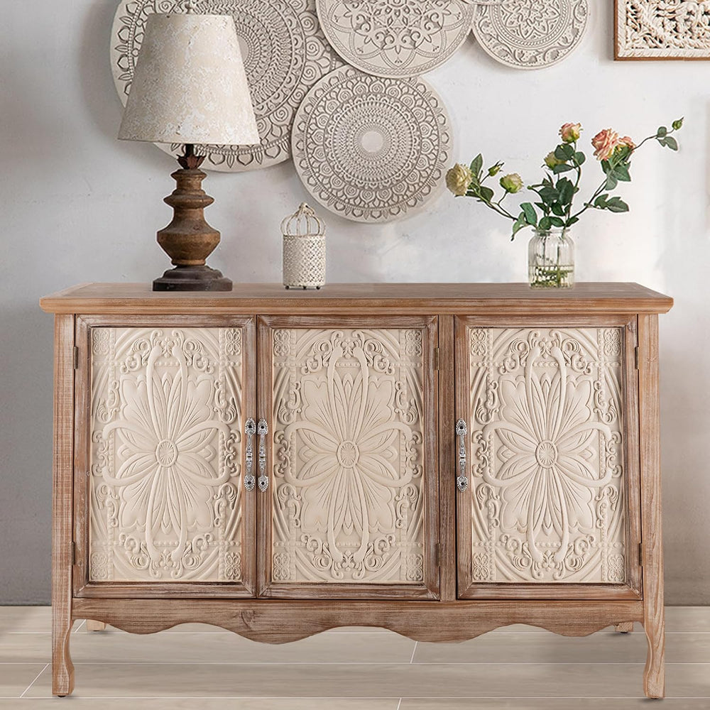Accent Rustic Storage Cabinet With 3 Carved Doors, Vintage Sideboard Buffet W...