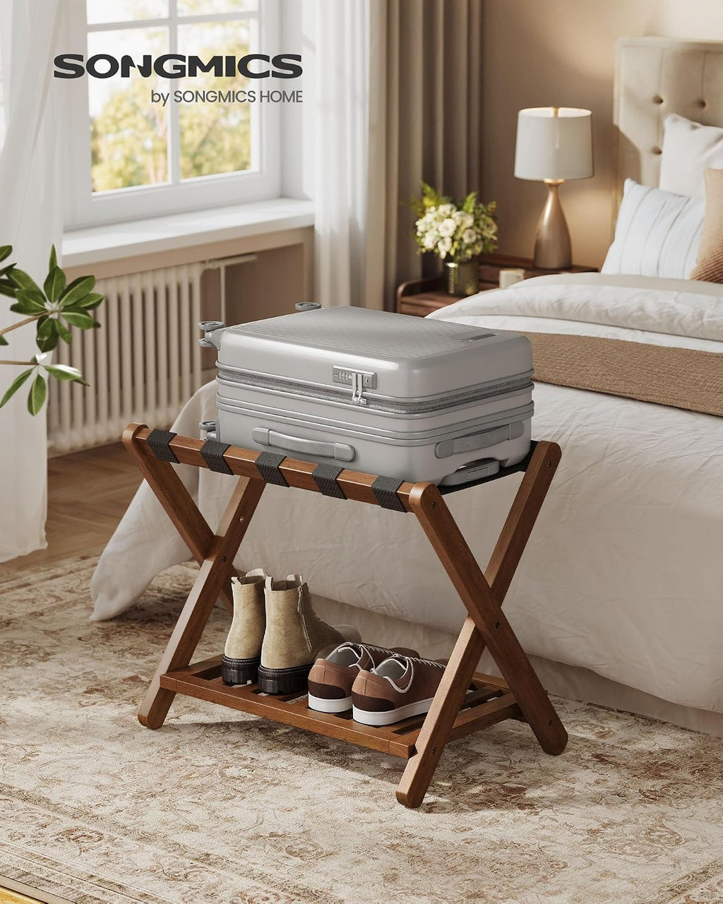 SONGMICS Solid Wood Luggage Rack, No Assembly Required, Foldable Suitcase Stand, Luggage Holder, with Storage Shelf, for Guest Room, Hotel, Bedroom, Coffee Brown URLR020K02