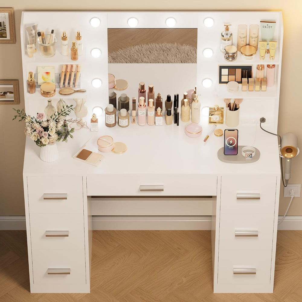 Makeup Vanity Desk with Mirror and 10 Lights, Table with 7 Drawers and 4 Open...