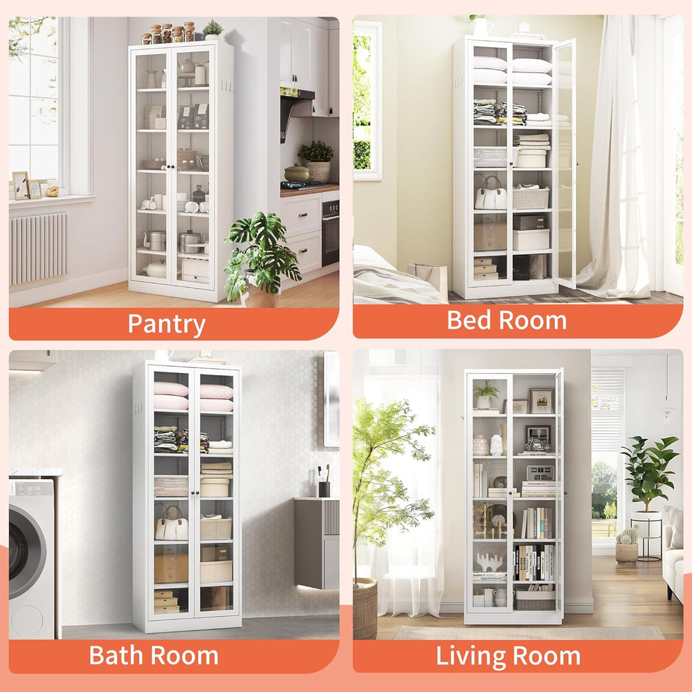 IKIMI 72" Metal Storage Cabinets with Glass Doors and 5 Shelves,White Ki...