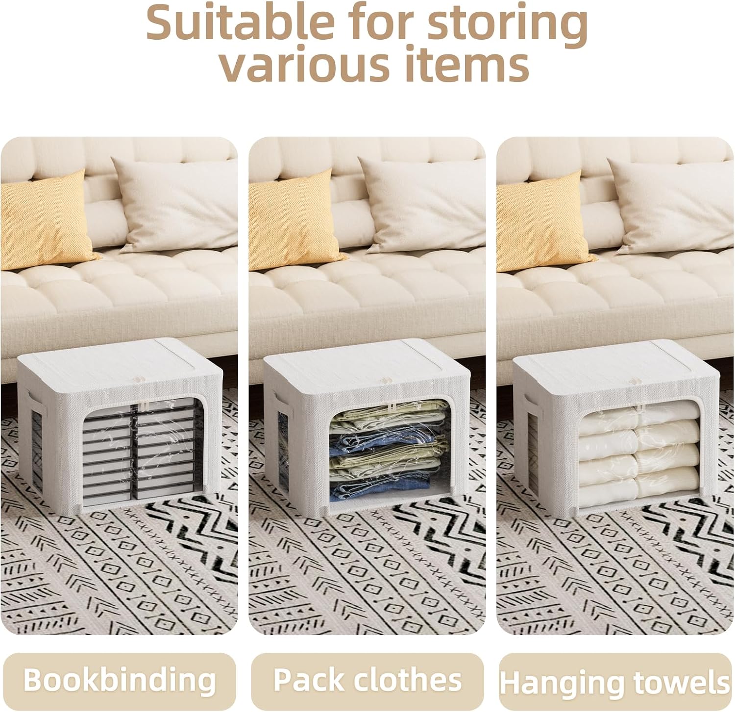 FHSQX 8 Pack Clothes Storage Bins - Foldable Storage Bins for Clothes Fabric Storage Box with Metal Frame (Cream White, 16.5x12.2x12.2 inch)