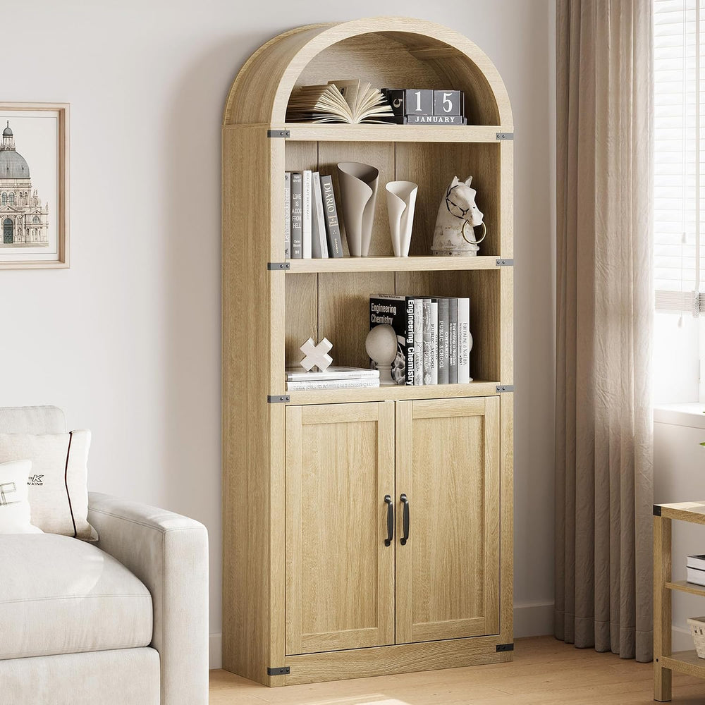 GarveeHome Bookcase with Doors Arched Bookshelf 71.65 in Tall Bookcase Farmho...