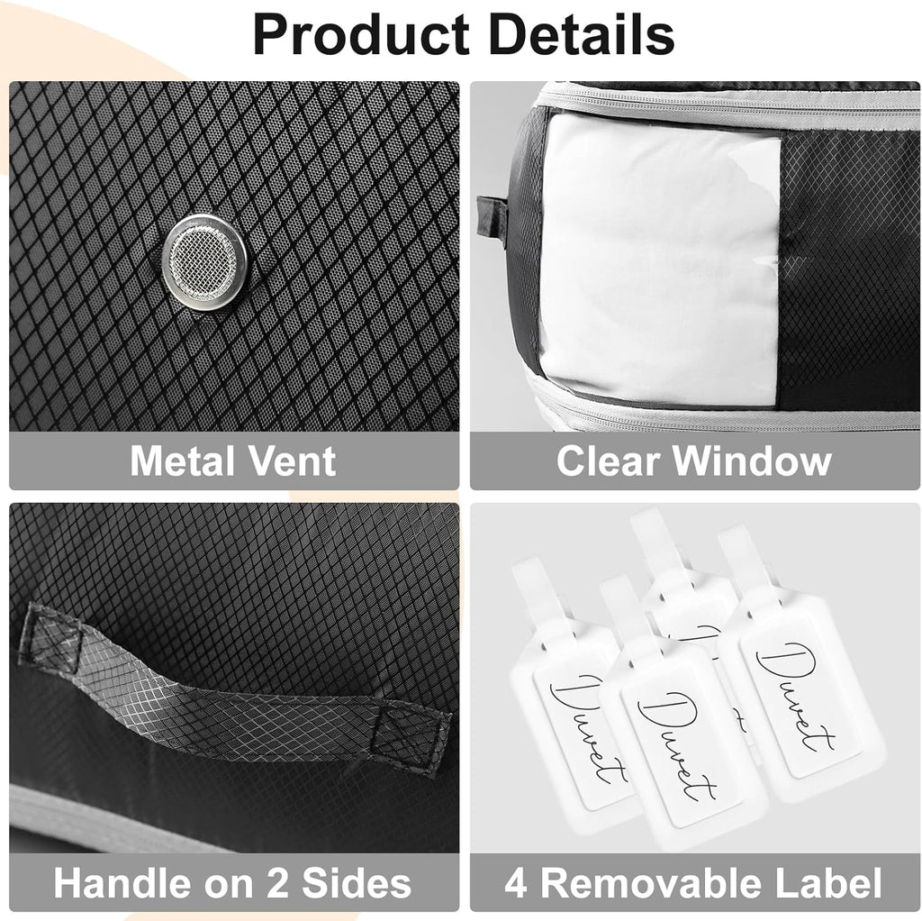 Comforter Storage Bag - Large Capacity Blanket Storage Bags 3-Layer Ultra Space Saving Self Compression Organizer, Washable Compression Bags for Storage Comforter Blanket, 4-Pack, Black