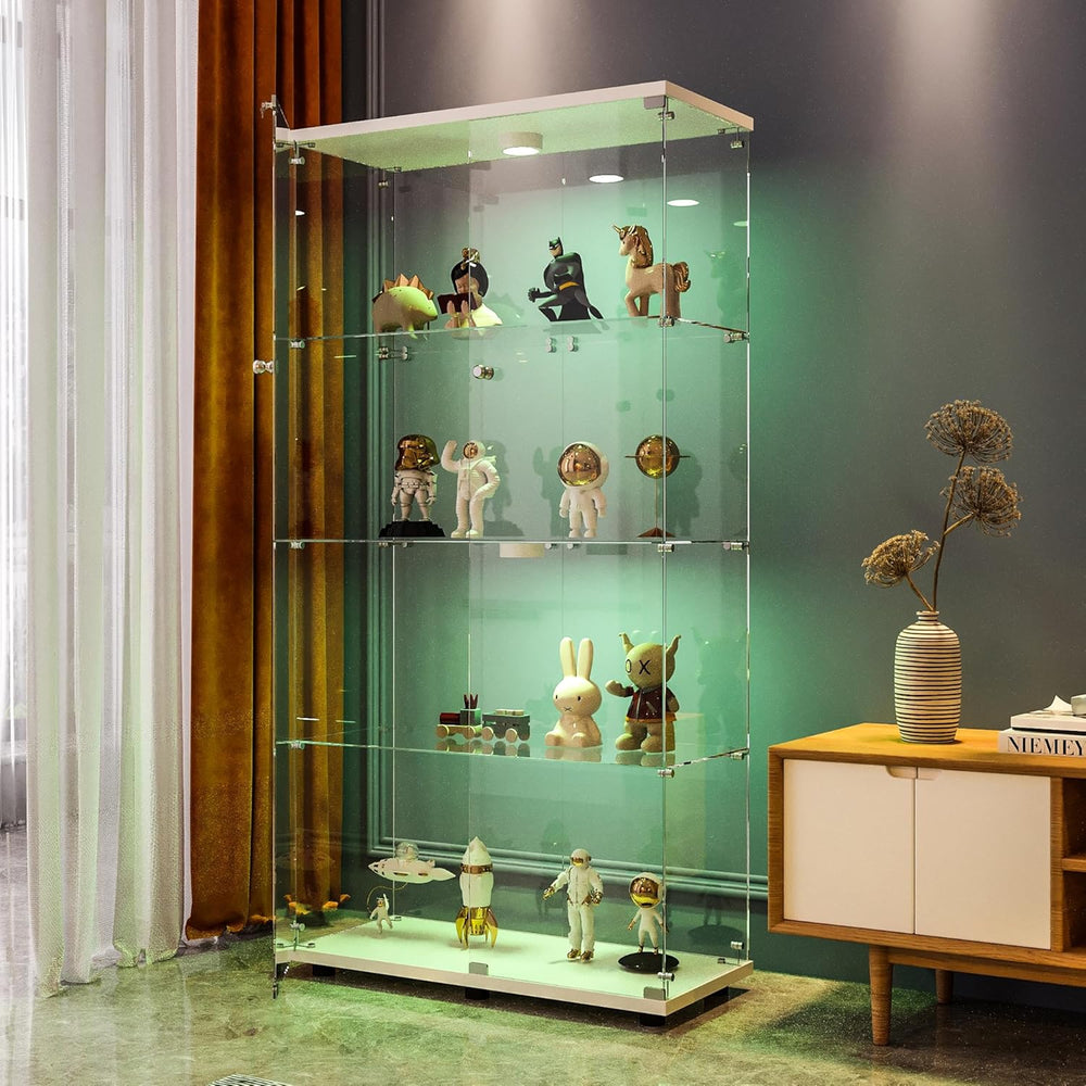 FANYUSHOW Display Cabinet with Glass Door and LED Light, 4-Tier Tempered Glas...