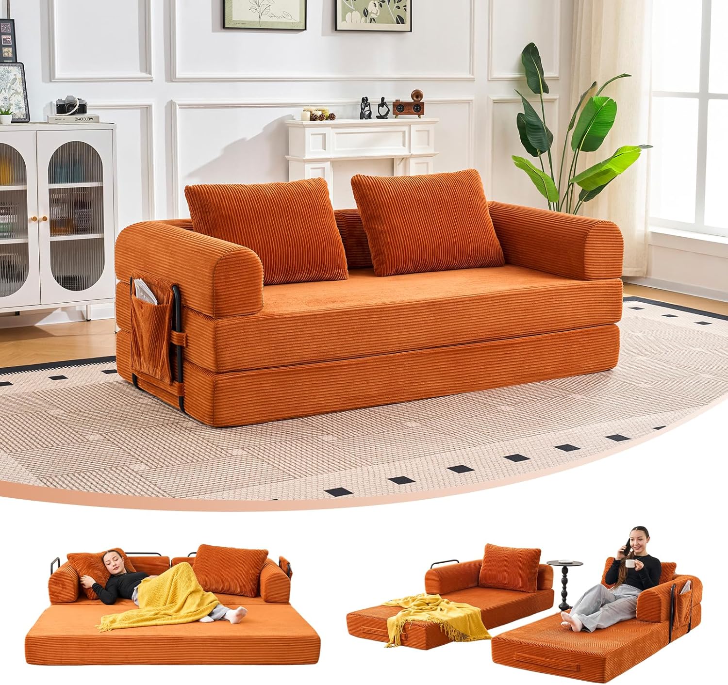 79" Convertible Sofa Bed, 5-in-1Boneless Couch for Living Room with 2 Pillows Corduroy Folding Sleeper Sofa Bed, Boneless Cloud Loveseat Futon Sofa Bed for Living Room Bedroom Lounge, Orange