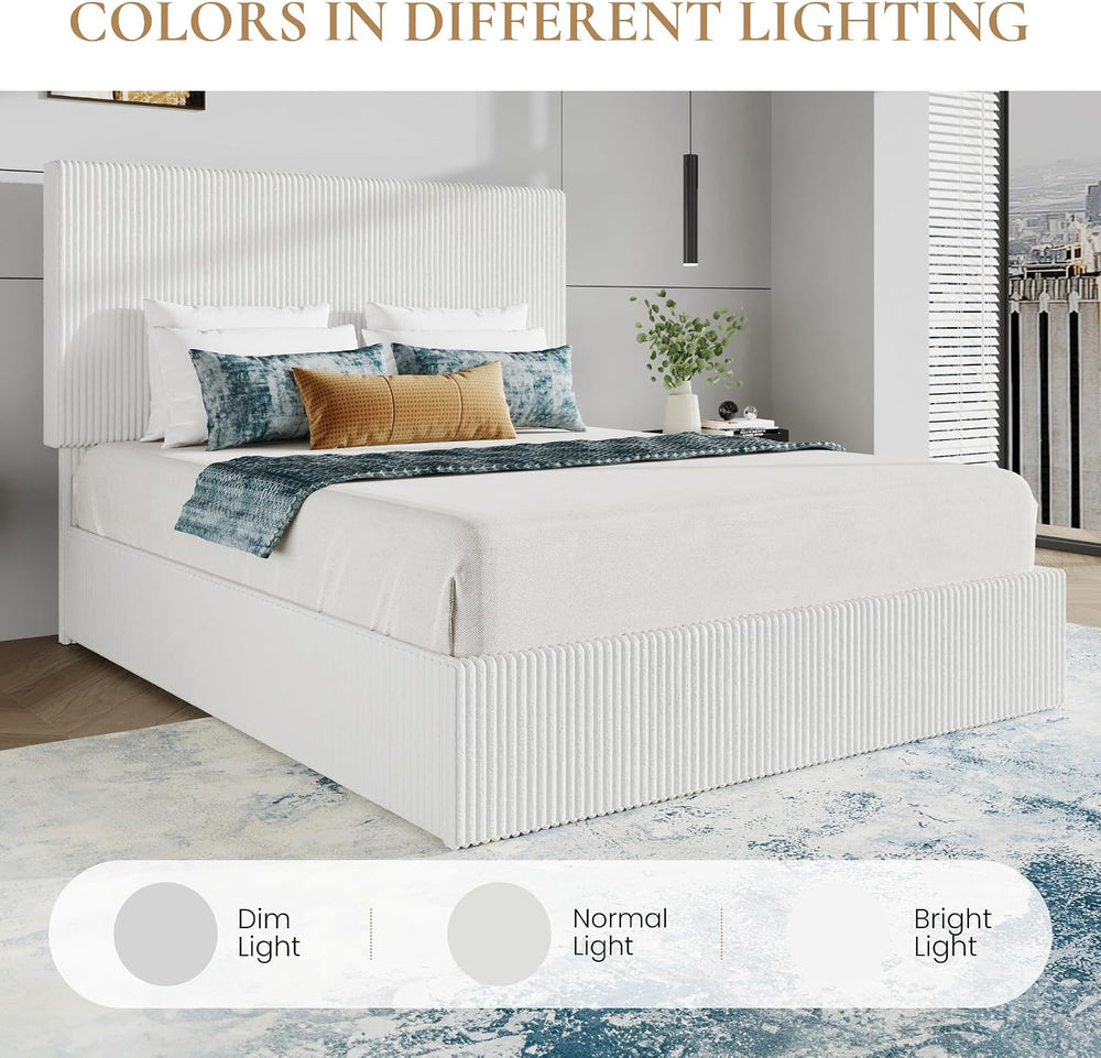 SHA CERLIN Queen Size Corduroy Bed Frame with Adjustable Headboard, White
