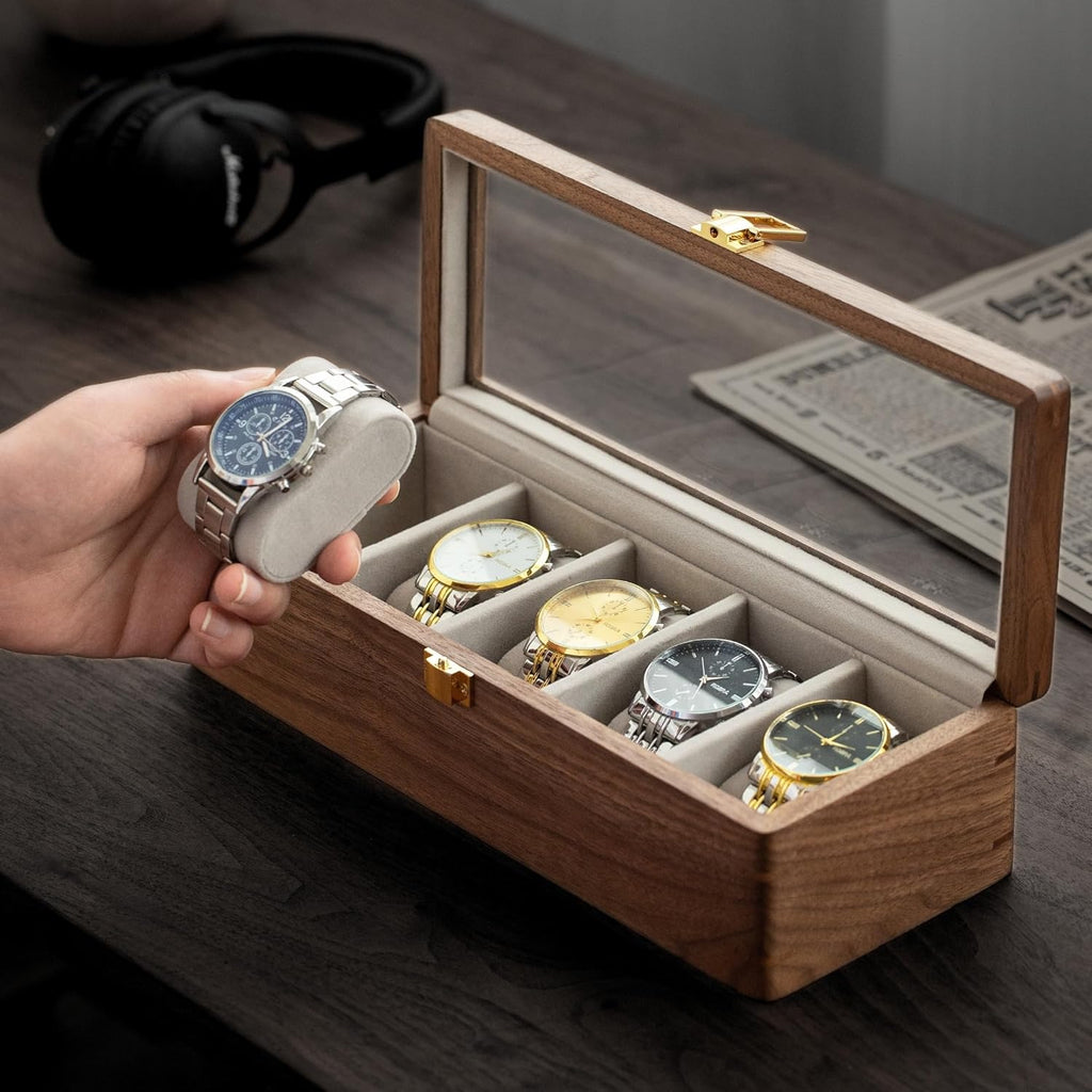 muso wood Watch Display Box, 5 Slot Watch Case for Men, Watch Organizer Box with Glass Lid, Watch Case with Removable Velvet Pillow, Father's Day Gift - 5 Slot, Walnut