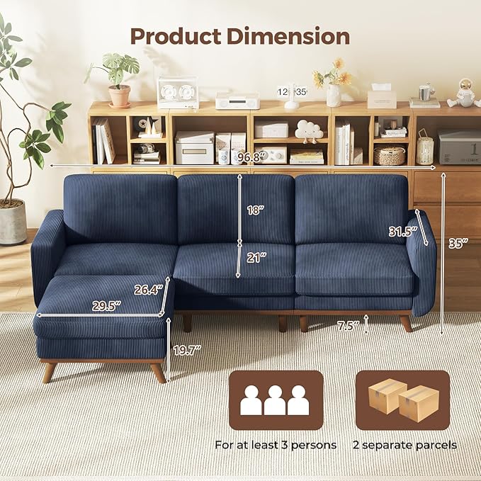 Vesgantti 97" Modular Sectional Sofa Dark Blue, L-Shaped Couch with Movable Ottoman, Comfy Corduroy Couch with Spring Cushion, Modular Sofa with Deep Seat for Living Room, Bedroom and Apartment