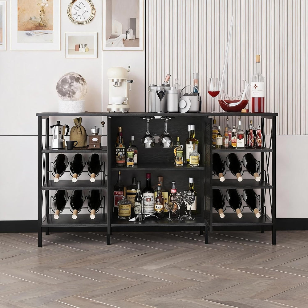 Wine Bar Cabinet with Doors, 55" Freestanding Iron Metal Sideboard Buffe...