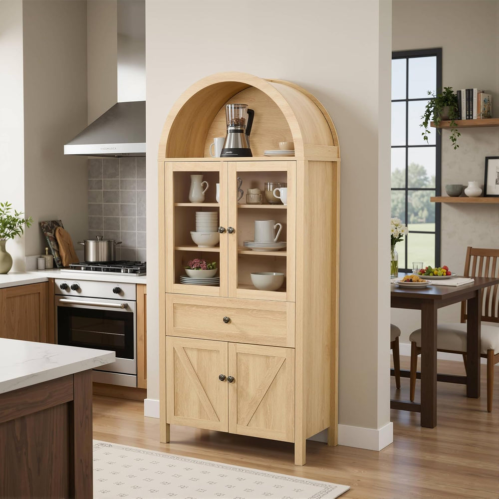 Retro Curved Cabinet, Arched Bookcase with Glass Doors, Natural Wood Display ...
